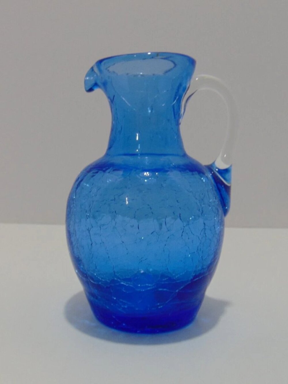 Vintage Rainbow Art Glass Blue Crackle Mini Pitcher Clear Handle MCM 4.25 Inch